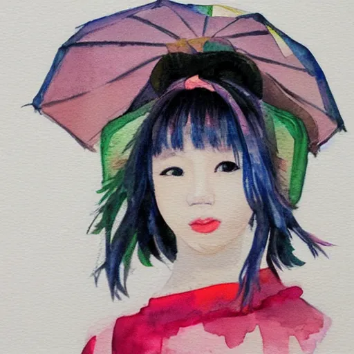 Prompt: watercolor portrait of Japanese girl, harajuku,