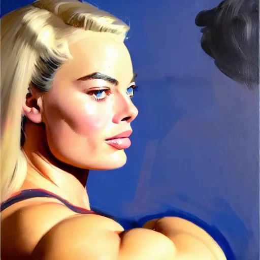 Prompt: greg manchess portrait of margot robbie as thick very muscular weightlifter with twintails and blondehair, eyes closed, medium shot, asymmetrical, profile picture, organic painting, sunny day, matte painting, bold shapes, hard edges, street art, trending on artstation, by huang guangjian and gil elvgren and sachin teng