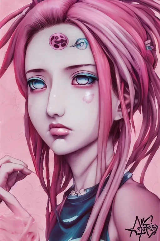 Prompt: portrait of an anime manga girl with pink and white dreads, straight on portrait, by artgerm, james jean, tom bagshaw, gerald brom, vaporwave colors, lofi colors, vaporwave, lofi, goth vibe, 4 k, smooth, hd, substance designer render, full body character concept art, symmetrical,