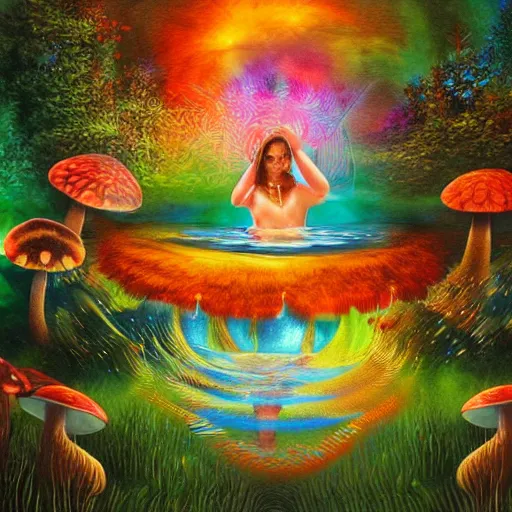 Image similar to goddess of mushrooms bathing in the glowing lake, fantasy painting, extremely psychedelic