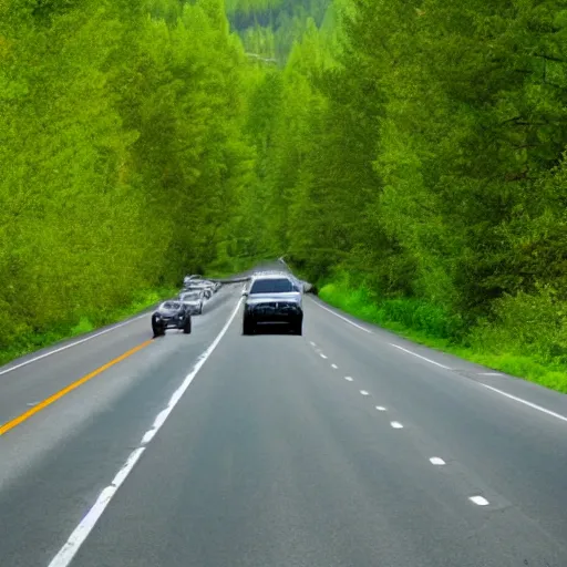 Prompt: tree in highway traffic. Sasquatch hides in the forest