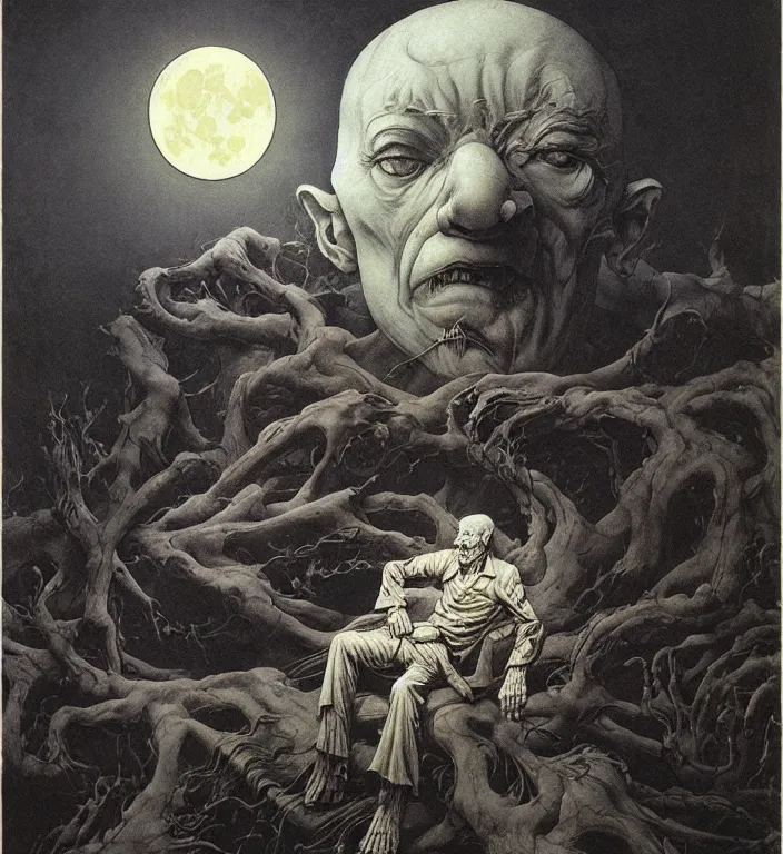 Prompt: old white - headed man under the huge moon on a street of ruined city by beksinski and takato yamamoto and austin osman spare and edward hopper and mark ryden and tsutomu nihei, very coherent, baroque elements, perfect anatomy