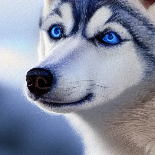 Prompt: a small husky with blue eyes, 8k, photorealistic, intricate detail, golden hour, portrait