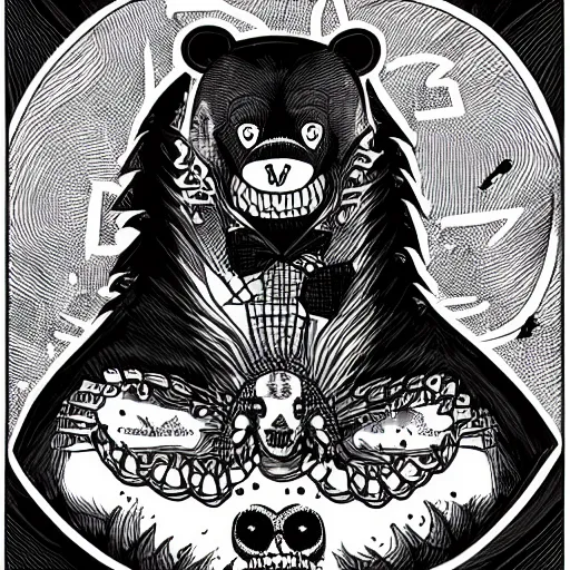 Prompt: black and white illustration creative design, scary bear, body horror