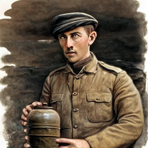 Image similar to a detailed photorealistic sepia - toned color portrait painting of a 1 9 1 7 worried clean - shaven british lieutenant in field gear in north arabia examining an ancient cylindrical clay jar, ultra realistic, intricate details, atmospheric, dark, horror, brooding, highly detailed, by clyde caldwell