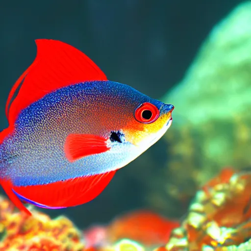 Image similar to photograph of a red neon tetra fish, close-up, photo-realistic, depth of field
