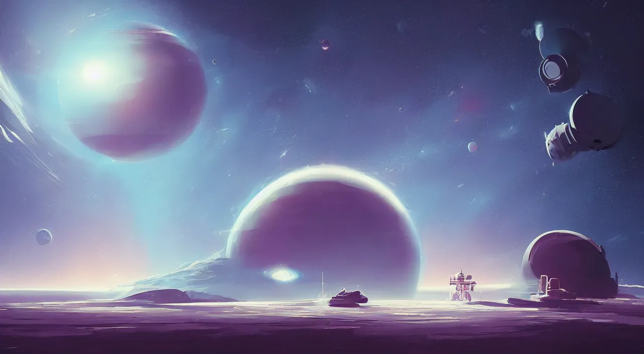 Image similar to a minimalist deep space space station floating next to a planet by alena aenami and greg rutkowski