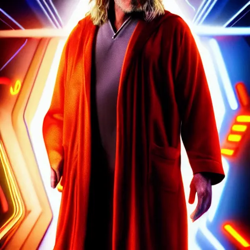 Image similar to dude lebowski dressed in bathrobe played by jeff bridges, stuck in tron realm, photorealistic movie still, detailed 8 k, poster style, high resolution