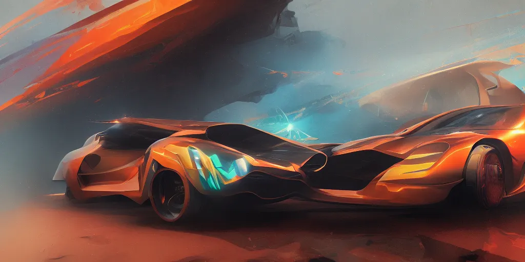 Prompt: full view of a car, painted in orange holographic pearlescent, elegant, digital painting, concept art, smooth, sharp focus, art style from Wang Ke and Greg Rutkowski and Bruce Kaiser and Scott Robertson and Dmitry Mazurkevich and Doruk Erdem and Jon Sibal, small style cue from Blade Runner