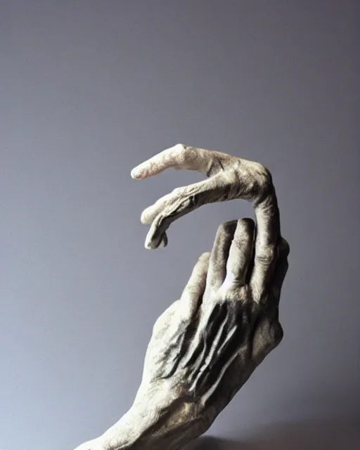 Prompt: photo of maquette sculpture of a creepy hand with a face creature, designed by jordu schell