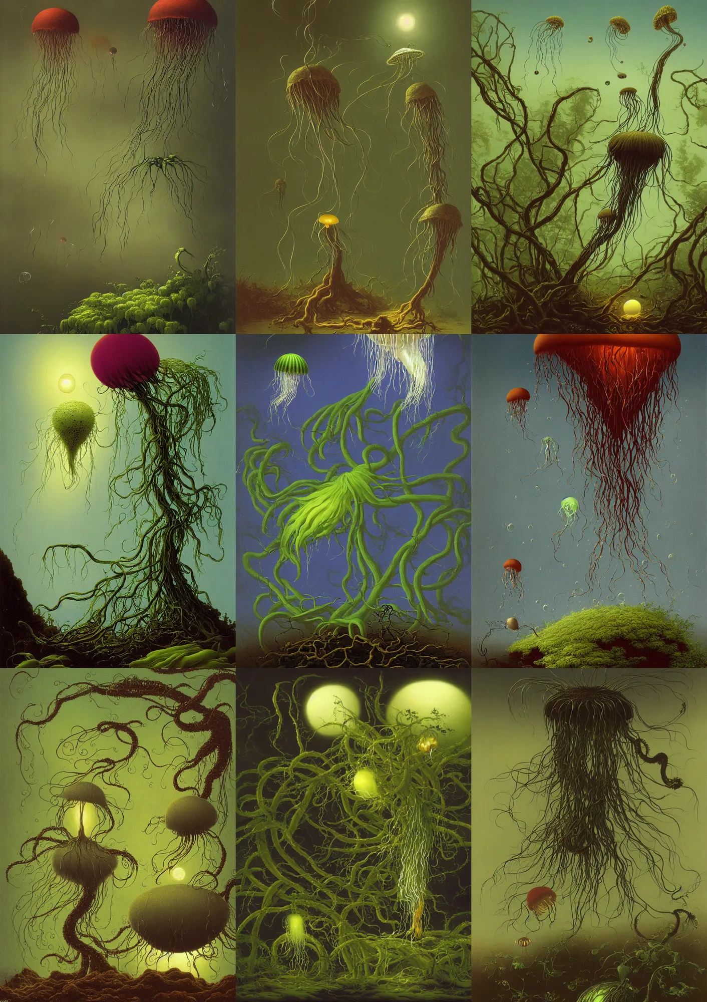 Prompt: a strange jellyfish - like alien plant with a gasbag bulb and short green leaves pulls out of the ground and flies away, dirt - covered roots dangling below, dark fantasy art by martin johnson heade.