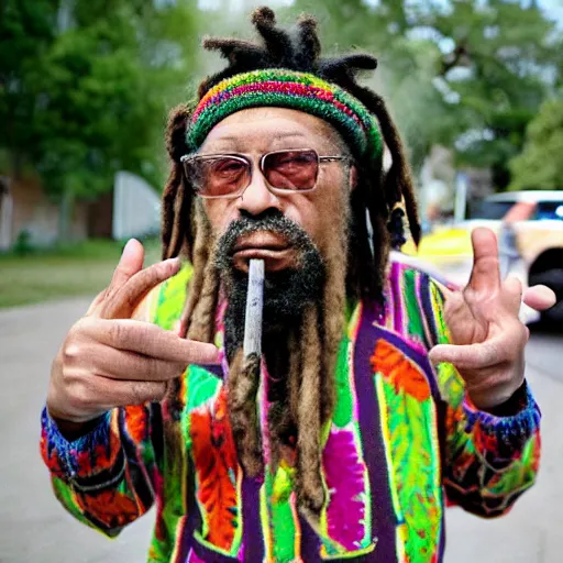 Image similar to Old fashioned grandma smoking marijuana, Rastafarian clothing, dreadlocks, drug rugs, raver