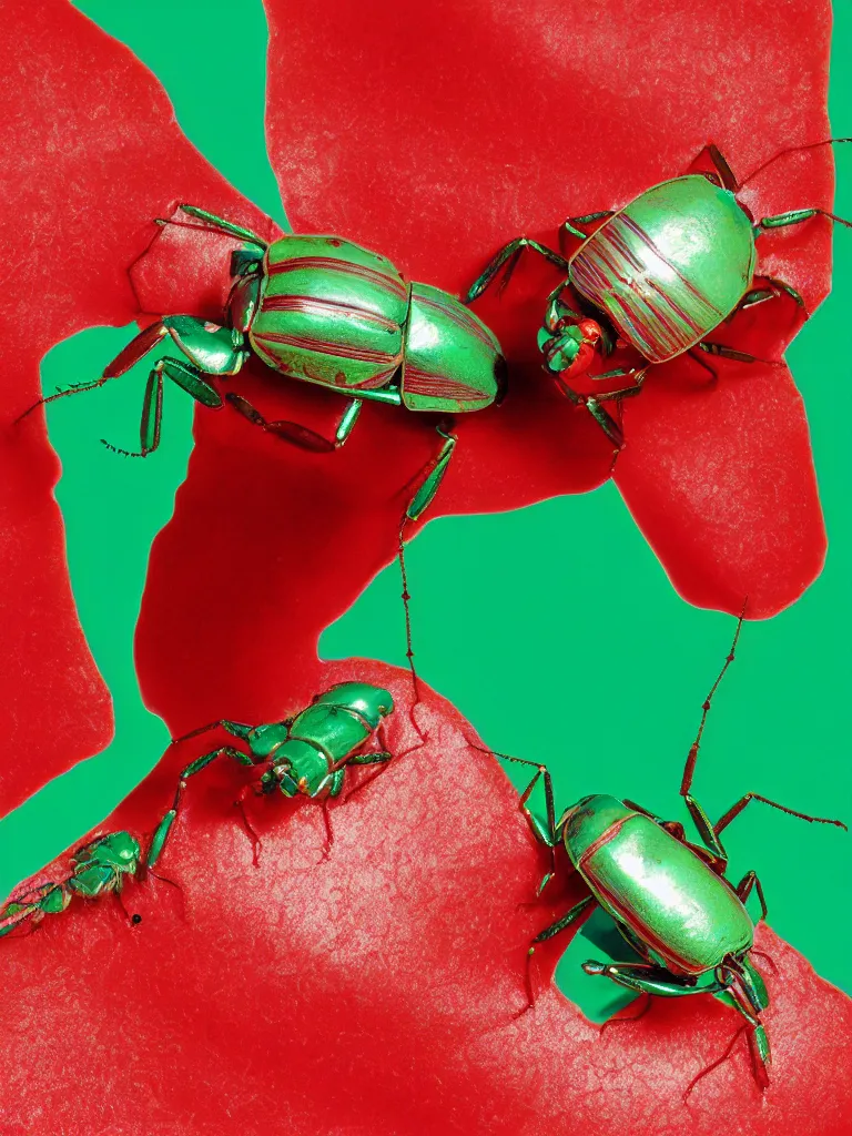 Image similar to subsurface scattering. studio photography by slim aarons, by zhang kechun, by lynda benglis. close - up shot of a beautiful red white and light green beetle. insect eyes. complementary color scheme. high quality highly detailed award winning photograph by national geographic. soft volumetric light, smooth gradient.
