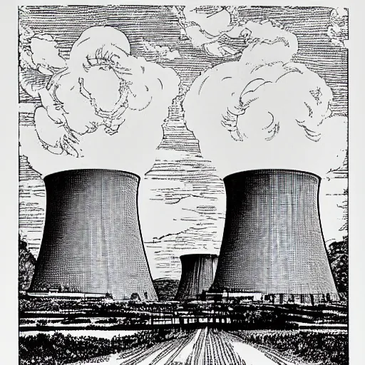 Prompt: nuclear reactor cooling towers by louis rhead