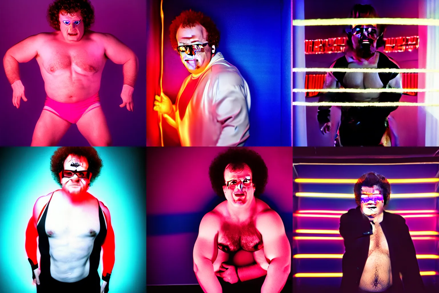 Prompt: Dr Steve Brule as a hunk wrestler, promotional photo, studio lighting, highly reflective, neon lighting