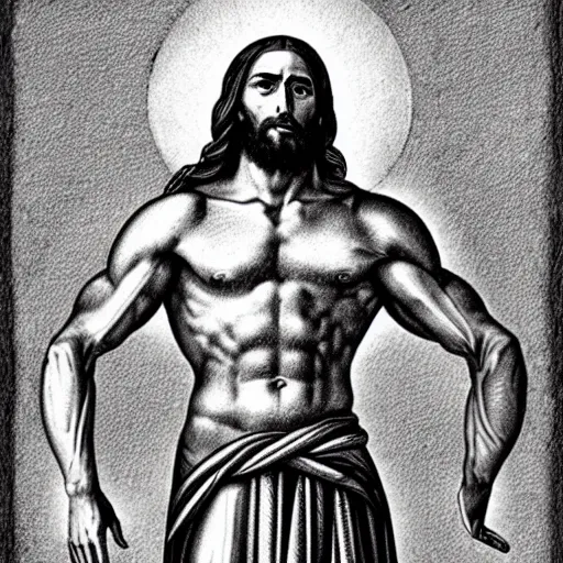 Prompt: muscular gigachad benediction, gigachad jesus, pointing to heaven, pencil art, holy iconography