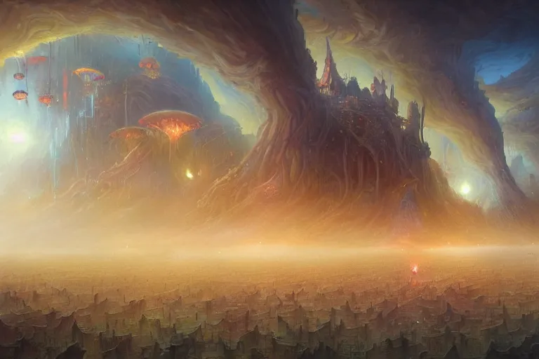 Prompt: an intricate colorful matte painting of a herd of the flying Spaghetti Monster invading an alien world, by Christophe Vacher and Bastien Lecouffe-Deharme, trending on artstation