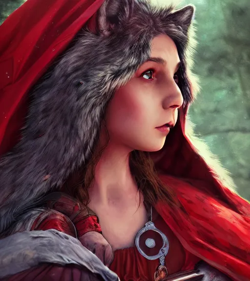 Prompt: an epic fantasy comic book style portrait painting of an extremely cute and adorable very beautiful stonepunk little red riding hood and the wolf, stone age, unreal 5, daz, hyperrealistic, octane render, cosplay, rpg portrait, dynamic lighting, intricate detail, springtime vibrancy, cinematic