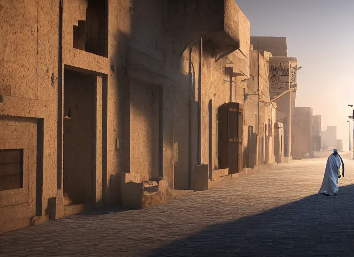 Image similar to old jeddah city alley, roshan, old shops, horse, magical glowing sand portal to another dimension, a man wearing a white robe standing watching over, dramatic lighting, dawn, by caspar david friedrich, unreal engine 5