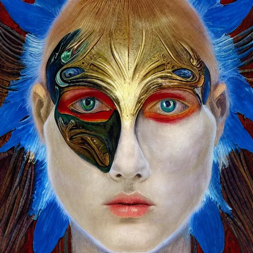 Image similar to a masterpiece painting of a facemask made of stylized flowers, by annie swynnerton and jean delville and tino rodriguez and john watkiss, flower mask, art deco shaman, art brut, symbolist, dramatic cinematic lighting, god rays, iridescent beetles, clean crisp graphics, smooth sharp focus, extremely detailed