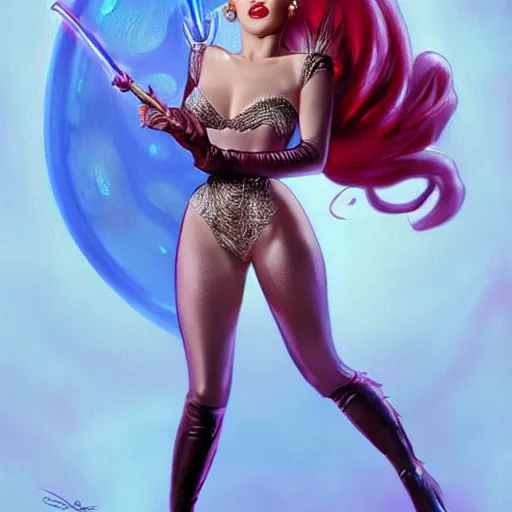 Prompt: miley cyrus dressed as jessica rabbit holding a glowing wand in one hand and a large leather bound book, fantasy, intricate, elegant, highly detailed, digital painting, artstation, concept art, matte, sharp focus, illustration, in the style of magic the gathering, art by artgerm and greg rutkowski and alphonse mucha