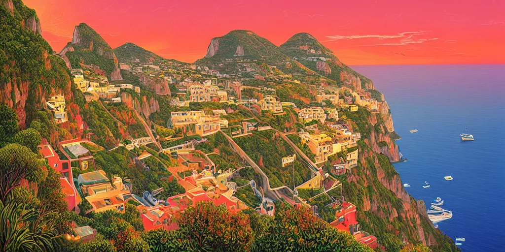 Prompt: epic professional digital art of a lonely street on a cliff over the sea at sunset in capri island, by Casey Weldon, dan mumford 8k ultra high definition, upscaled, perfect composition , golden ratio