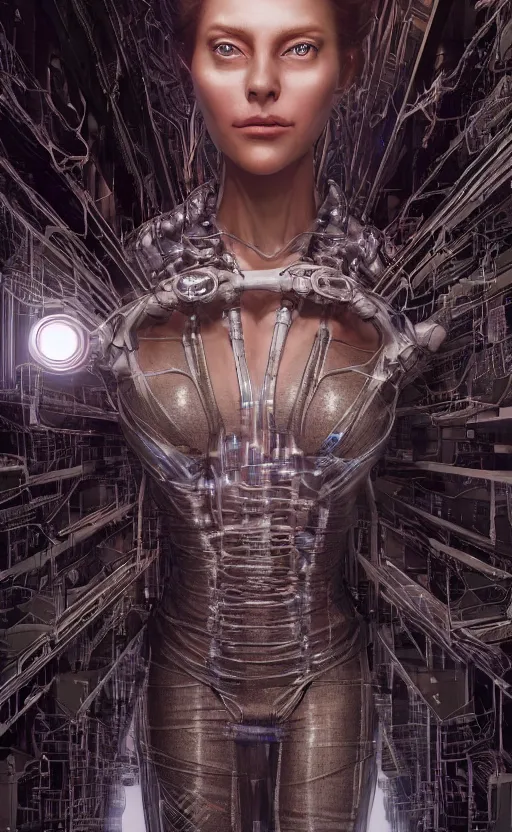 Image similar to Female in office dress, hyperrealistic mixed media, stunning 3d render inspired art by P. Craig Russell and Barry Windsor-Smith + perfect facial symmetry + dim volumetric lighting, 8k octane beautifully detailed render, post-processing, extremely hyperdetailed, intricate futuristic mechanic parts, epic composition, grim yet sparkling atmosphere, cinematic lighting + masterpiece, trending on artstation