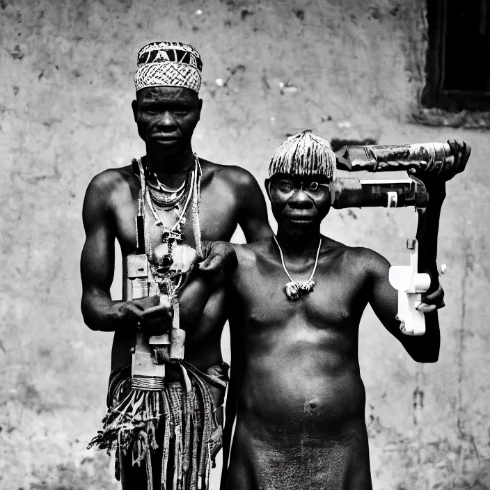 Prompt: an analogue photo of a Tribal Igbo man with robotic prosthetic arm, black & white, national geographic, 35mm, f/1.4,