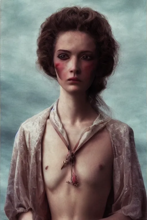 Image similar to hyperrealism close - up fashion portrait by roversi photo from the holy mountain by alejandro jodorowsky in style of francisco goya