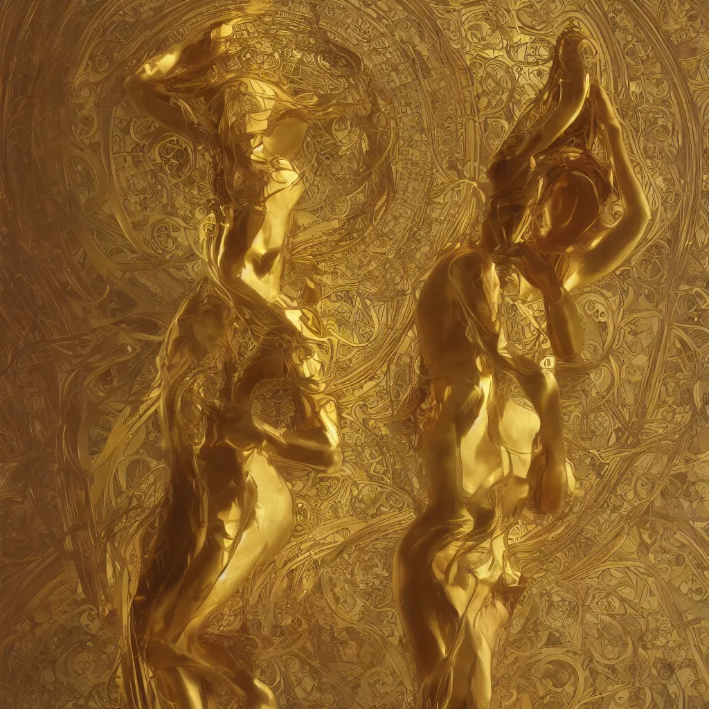 Image similar to human body made of thin golden Art Nouveau, Alphonse Mucha, cinematic realistic photo, octane render