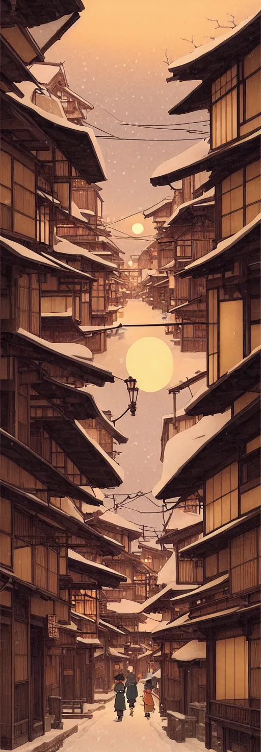 Image similar to empty rural japanese town at night, winter, in the style of studio ghibli, j. c. leyendecker, greg rutkowski, artem