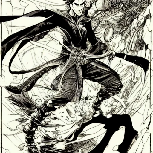 Image similar to pen and ink!!!! attractive 22 year old Dr. Strange Gantz monochrome!!!! Frank Zappa x Daniel Radcliff highly detailed manga Vagabond!!!! telepathic floating magic swordsman!!!! glides through a beautiful!!!!!!! battlefield magic the gathering dramatic esoteric!!!!!! pen and ink!!!!! illustrated in high detail!!!!!!!! graphic novel!!!!!!!!! by Hiroya Oku!!!!!!!!! MTG!!! award winning!!!! full closeup portrait!!!!! action manga panel