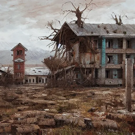 Image similar to painting of a abandoned post soviet town infested with humanoid root monsters by jakub rozalski