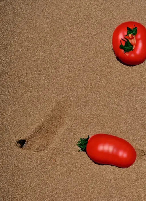 Image similar to jeff goldblum as a banana tomato on the sand of a beach