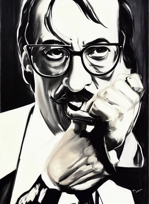 Prompt: saul goodman with glasses and a mustache, screaming, black and white painting by phil hale, fransico goya, david lynch,'action lines '!!!, graphic style, visible brushstrokes, motion blur, blurry in omaha, nebraska