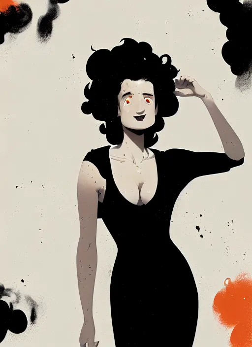 Image similar to highly detailed closeup portrait of beautiful grace gummer as dom dipierro, wavy ginger hair, black dress, by atey ghailan, by greg rutkowski, by greg tocchini, by james gilleard, by joe fenton, by kaethe butcher, gradient orange, black and white color scheme, grunge aesthetic!!! ( ( graffiti tag wall background ) )