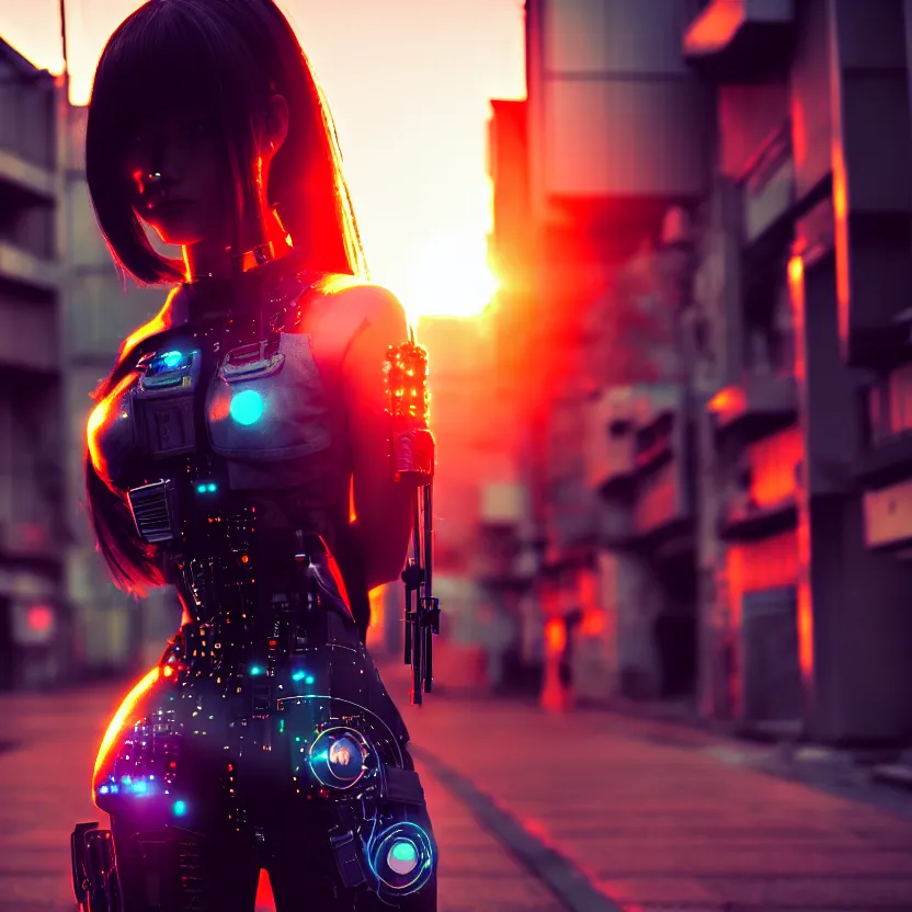 Image similar to a photo close up cyberpunk cyborg girl stands in a cyberpunk hiroshima, prefecture streets, sunset, photorealistic, cinematic lighting, very detailed, style by tomino - sama