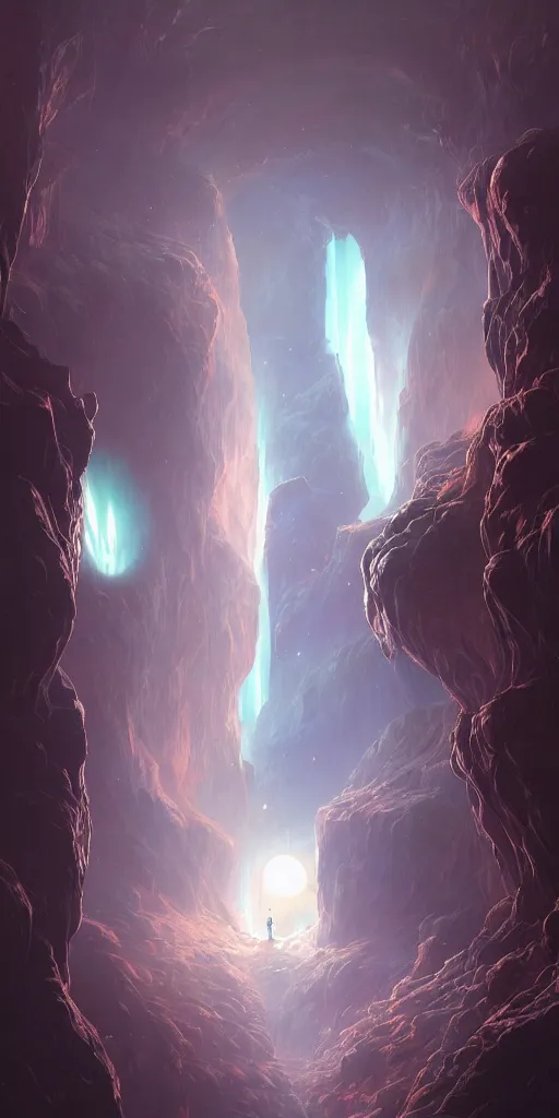 Prompt: Detailed Interior of the Blue Moon Cratered Canyon, Nebula Sky, Airless, light shafts, the glowing throne, stunning atmosphere, in Style of Peter Mohrbacher, cinematic lighting