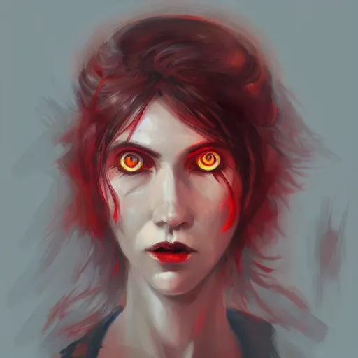Image similar to a painting of a woman with red eyes, a character portrait by Nína Tryggvadóttir, Artstation contest winner, antipodeans, detailed painting, concept art, speedpainting