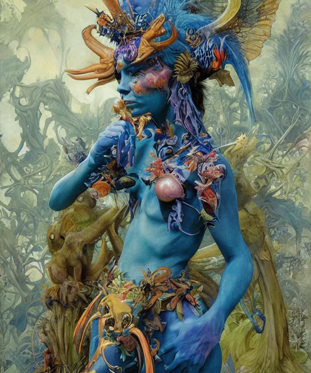 Prompt: a portrait photograph of a meditating fierce colorful harpy antilope super villian with slimy amphibian scaled blue skin. her body is partially transformed into a beast. by donato giancola, hans holbein, walton ford, gaston bussiere, peter mohrbacher and brian froud. 8 k, cgsociety, fashion editorial