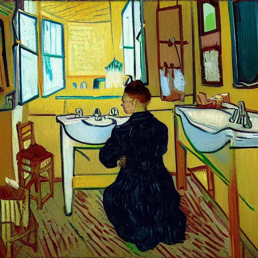 Image similar to digital painting of woman brushing teeth by Van Gogh, trending on Artstation, masterpiece, hyperdetailed