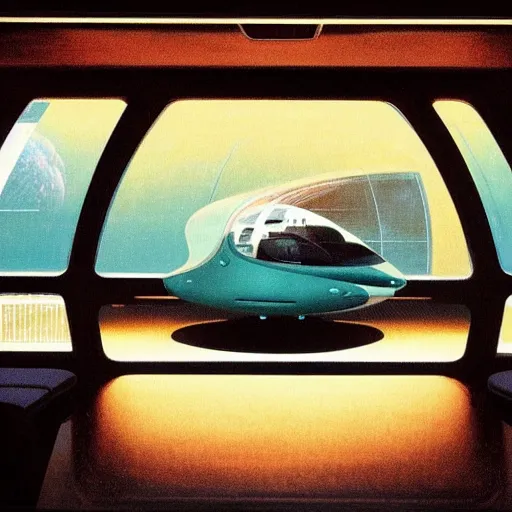 Image similar to Cozy interior of a spaceship, teal lighting, cozy lighting, space seen outside from a window, by Syd Mead, John Harris, Federico Pelat