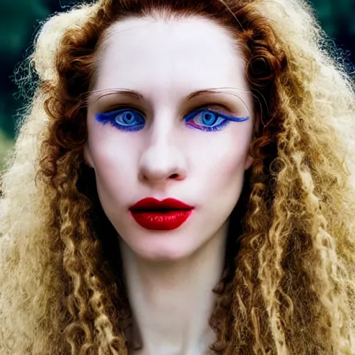 Prompt: a beautiful english woman with a long face narrow nose pale skin blue eyes red lips and wild messy tangles of curly white blonde hair, high resolution film still, sandy, a journey to the west