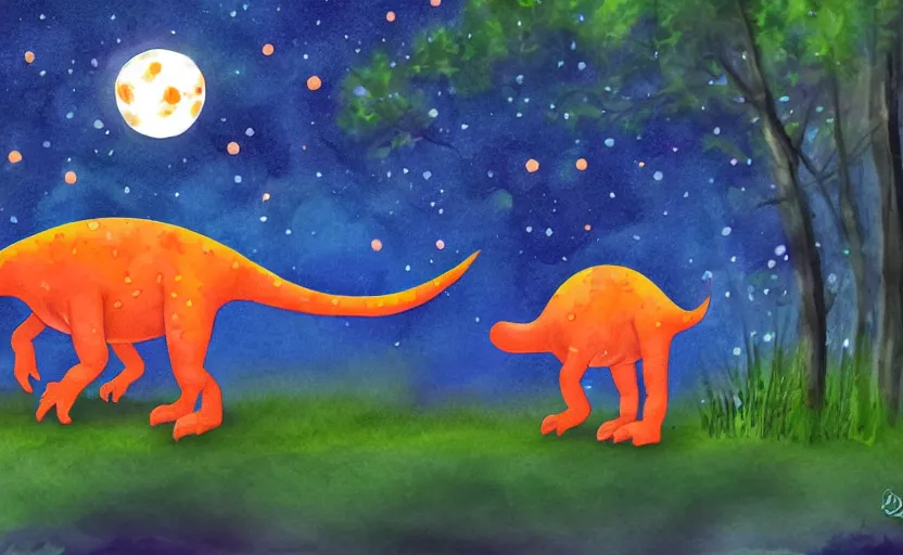 Image similar to a friendly orange dinosaur walking in the forest at night, moon, stars, water color, digital art