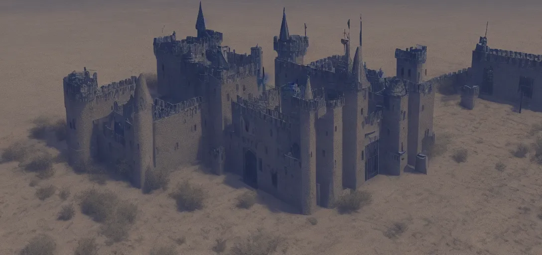 Prompt: A digital concept art painting of a dark blue medieval european ghotic castle in desert, 4K UHD image, unreal engine