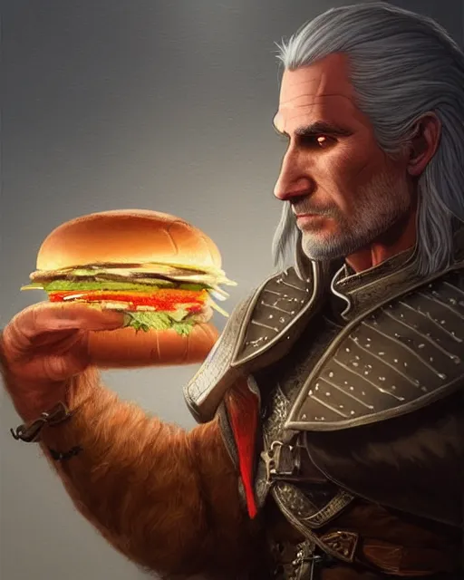 Image similar to portrait of geralt of rivia preparing to eat a hamburger, fantasy, intricate, elegant, highly detailed, digital painting, artstation, concept art, smooth, sharp focus, illustration, by artgerm and greg rutkowski