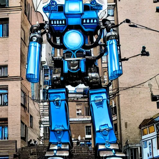 Prompt: art nouveau giant robot, with coils and blue glass details on its armor, in the middle of victorian city ruins