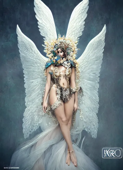 Image similar to expressive full body photo of a female model as beautiful angel, ornate headpiece made from flowers, ivory, ornaments, glamour shot, by karol bak, by stefan gesell, octane render, unreal engine, photorealistic, canon r 3, fashion photography, painted studio backdrop, environmental portrait, dark fantasy, dark beauty, magazine, symmetrical features