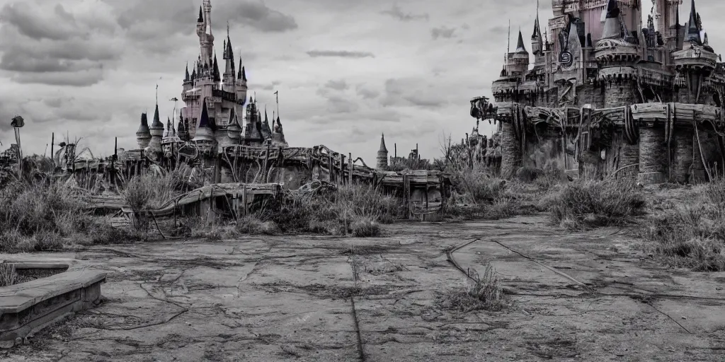 Image similar to post - apocalyptic magic kingdom, wasteland, barren, monorail, abandoned, walt disney world, highly detailed, intricate, 8 k