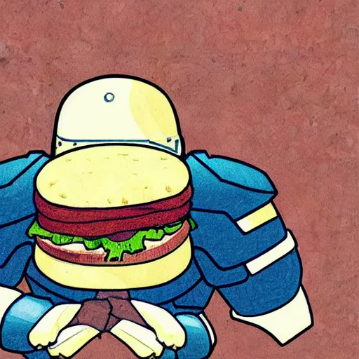 Image similar to digital artwork, cell shading, futuristic space marine in heavy blue armor trying unsuccessfully to eat a large sub sandwich full of meat, cheese, and lettuce